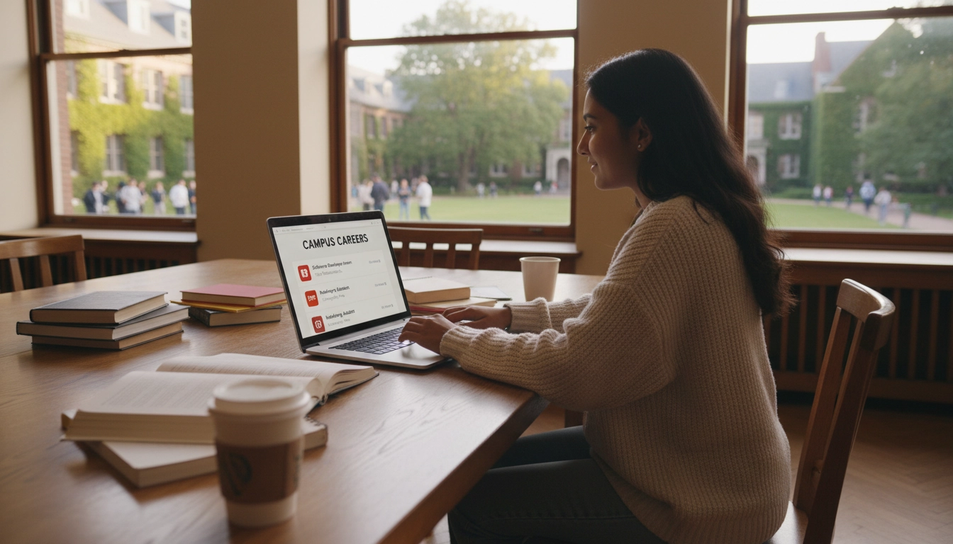 College student using Handshake app on laptop at campus library