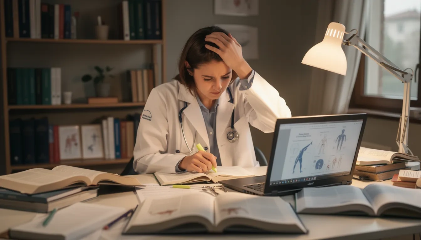 Veterinary student studying with textbooks and a laptop