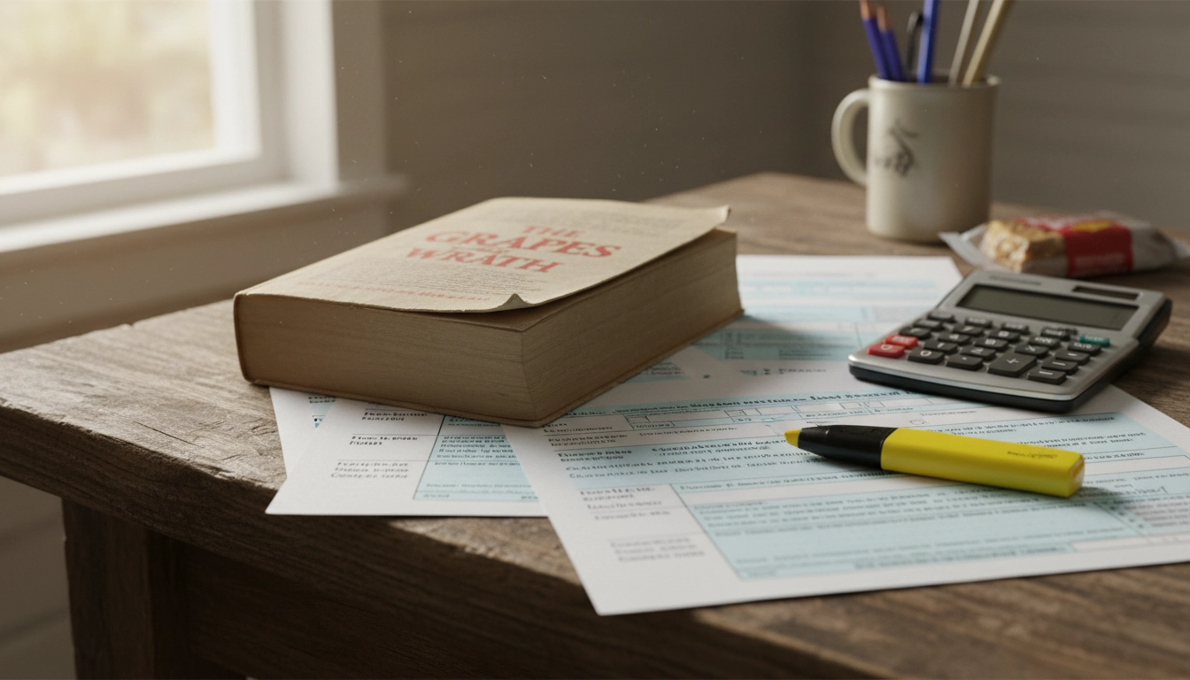 Open financial aid guidebook on a desk with college planning documents and a calculator