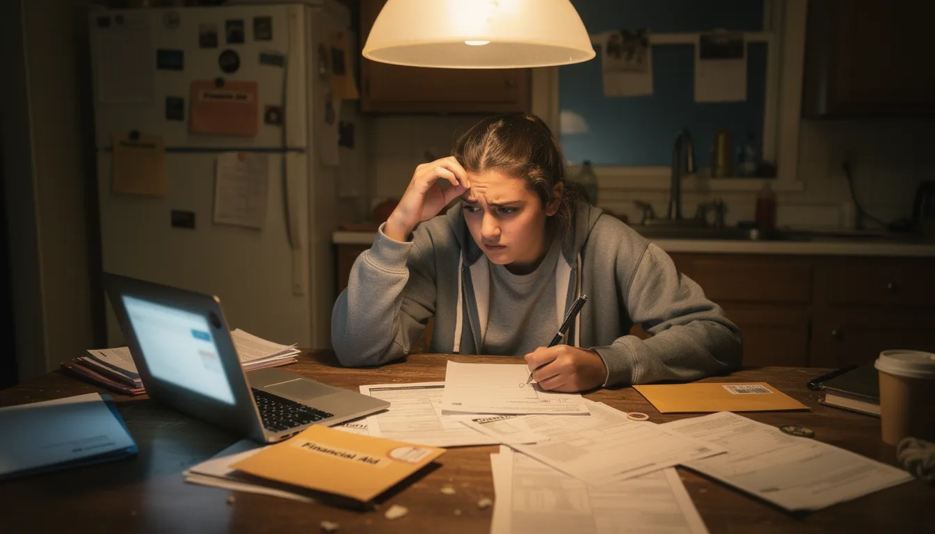 First-generation college student reviewing financial aid paperwork at home