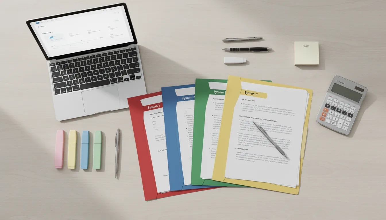 Organized desk with color-coded folders representing four layers of financial aid management