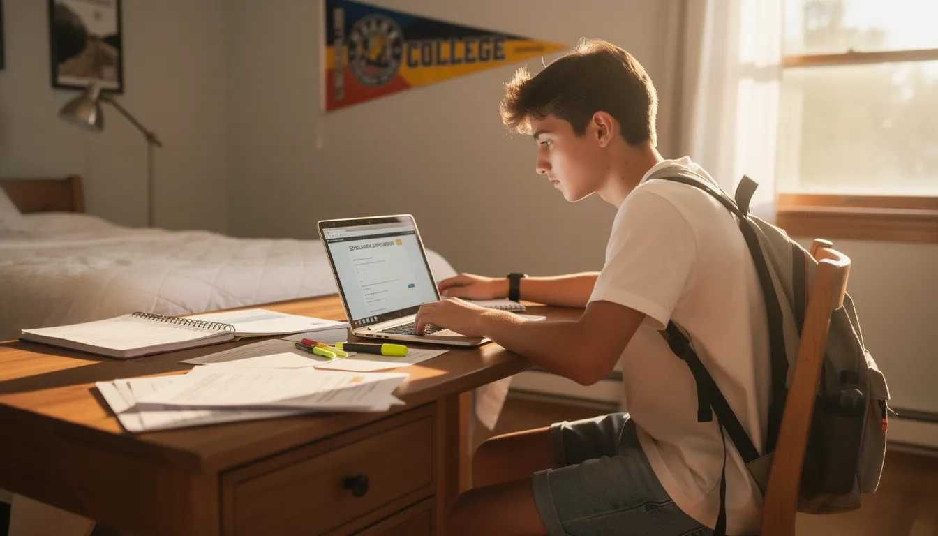High school senior researching scholarships at a desk