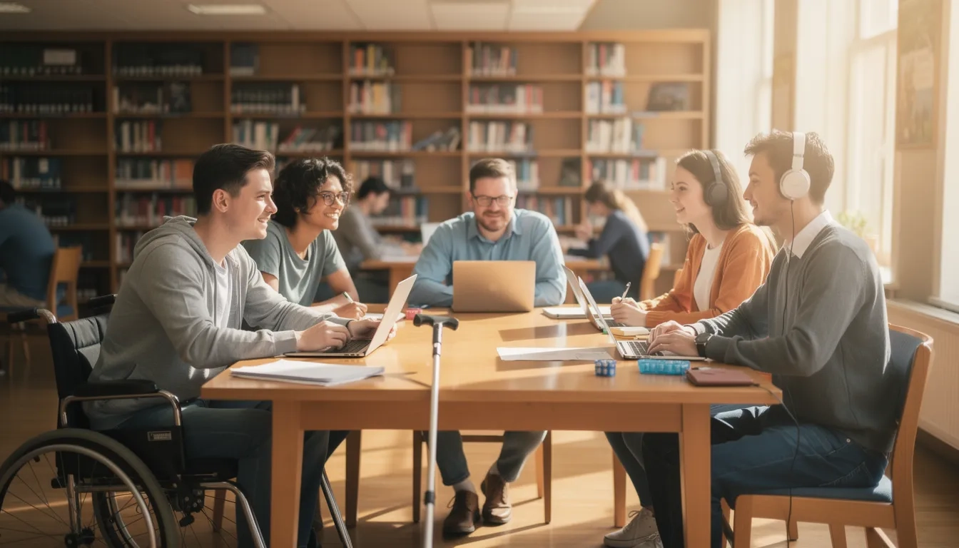 Diverse college students with disabilities studying together at a university library