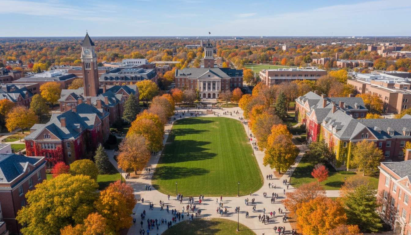 Aerial view of Purdue University campus in West Lafayette