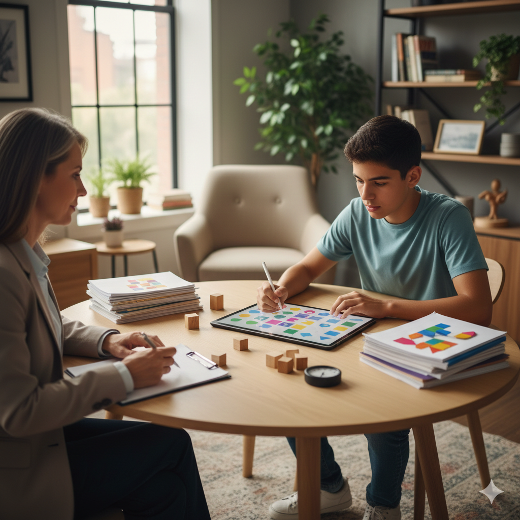 student completing cognitive test with a psychologist