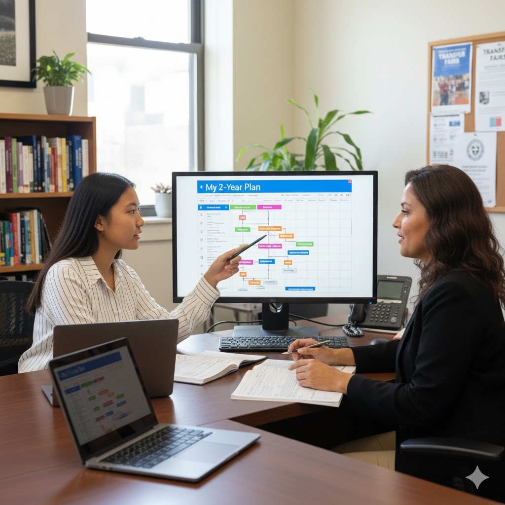 student meeting with her community college academic advisor