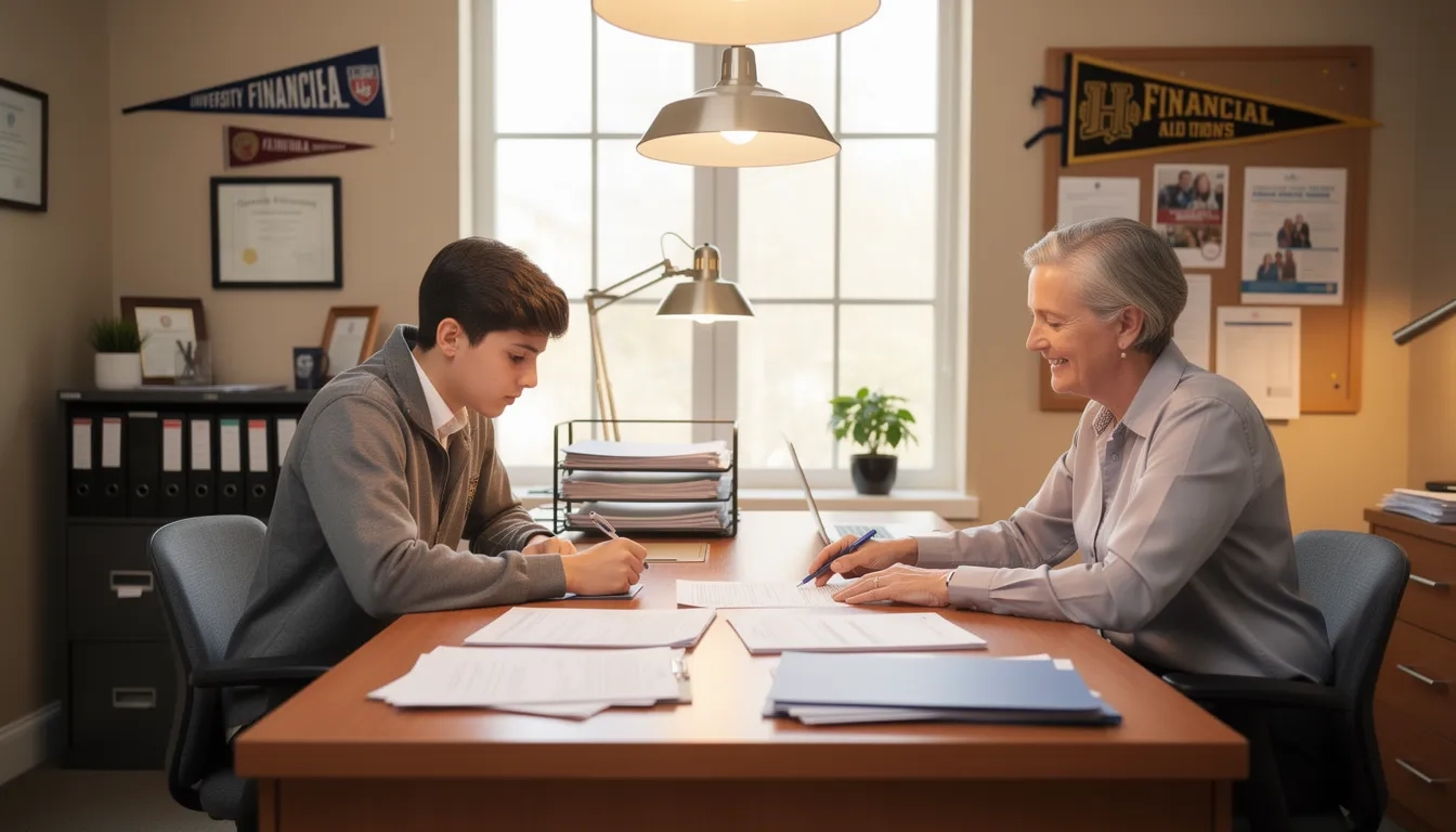 Student meeting with a financial aid advisor at a university office