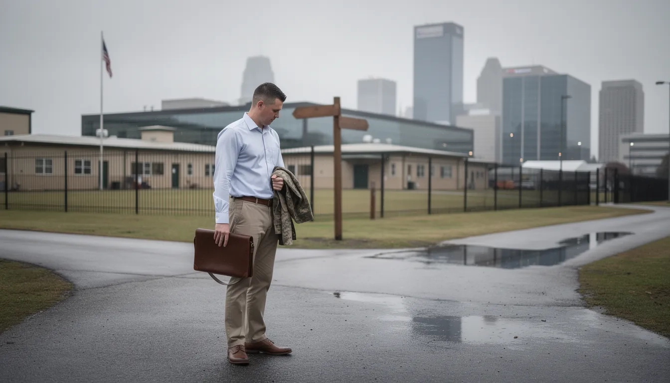 Service member standing at a career crossroads between military and civilian life
