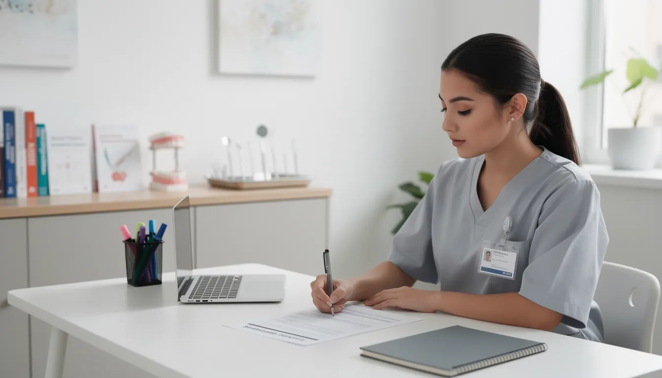 Dental hygiene student completing a scholarship application