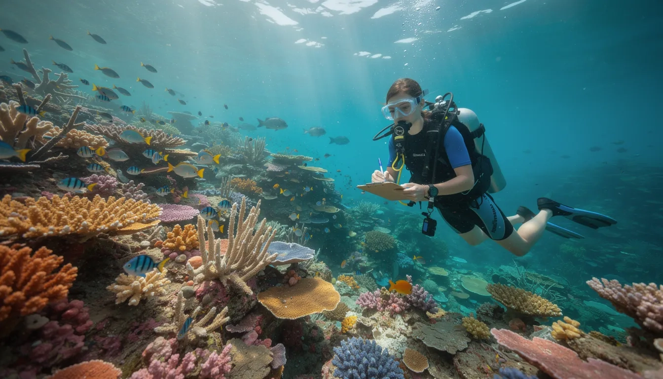 Marine biology student conducting underwater reef research