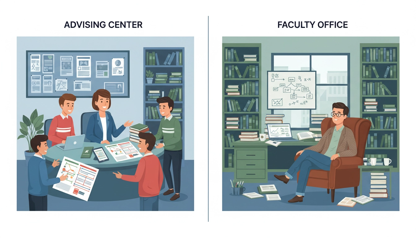 Two types of college academic advisors — professional advising center versus faculty office