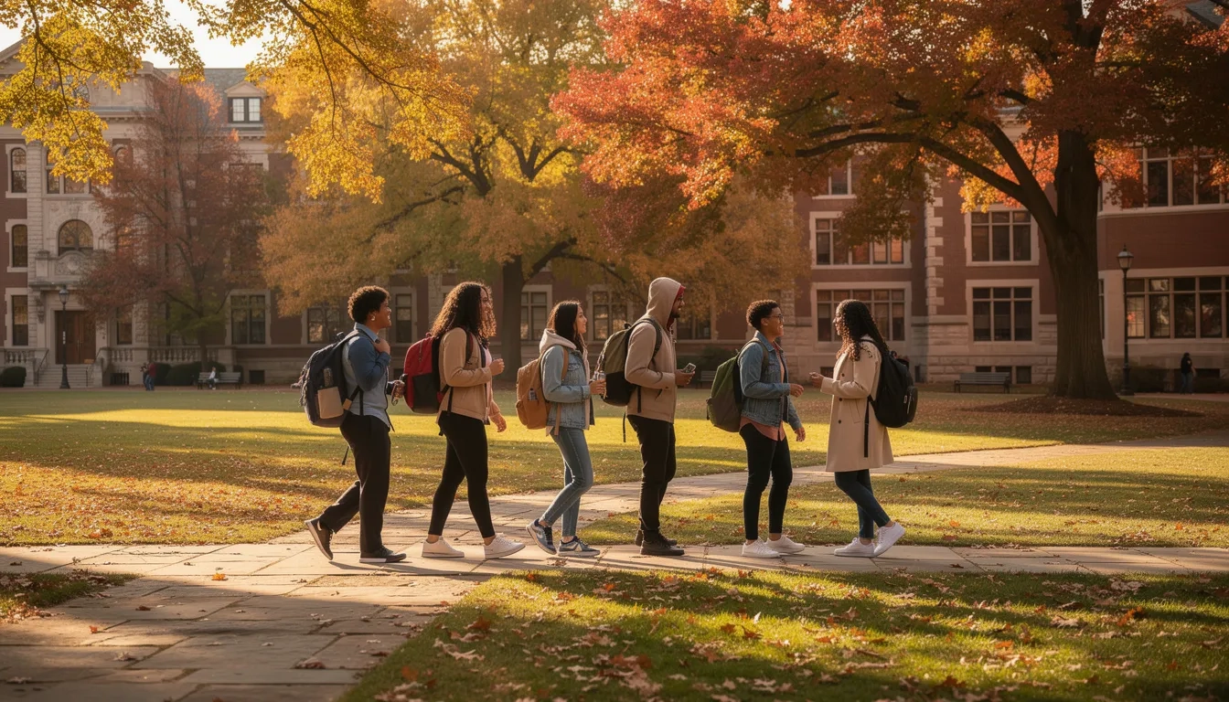 Diverse international students walking across a university campus in autumn