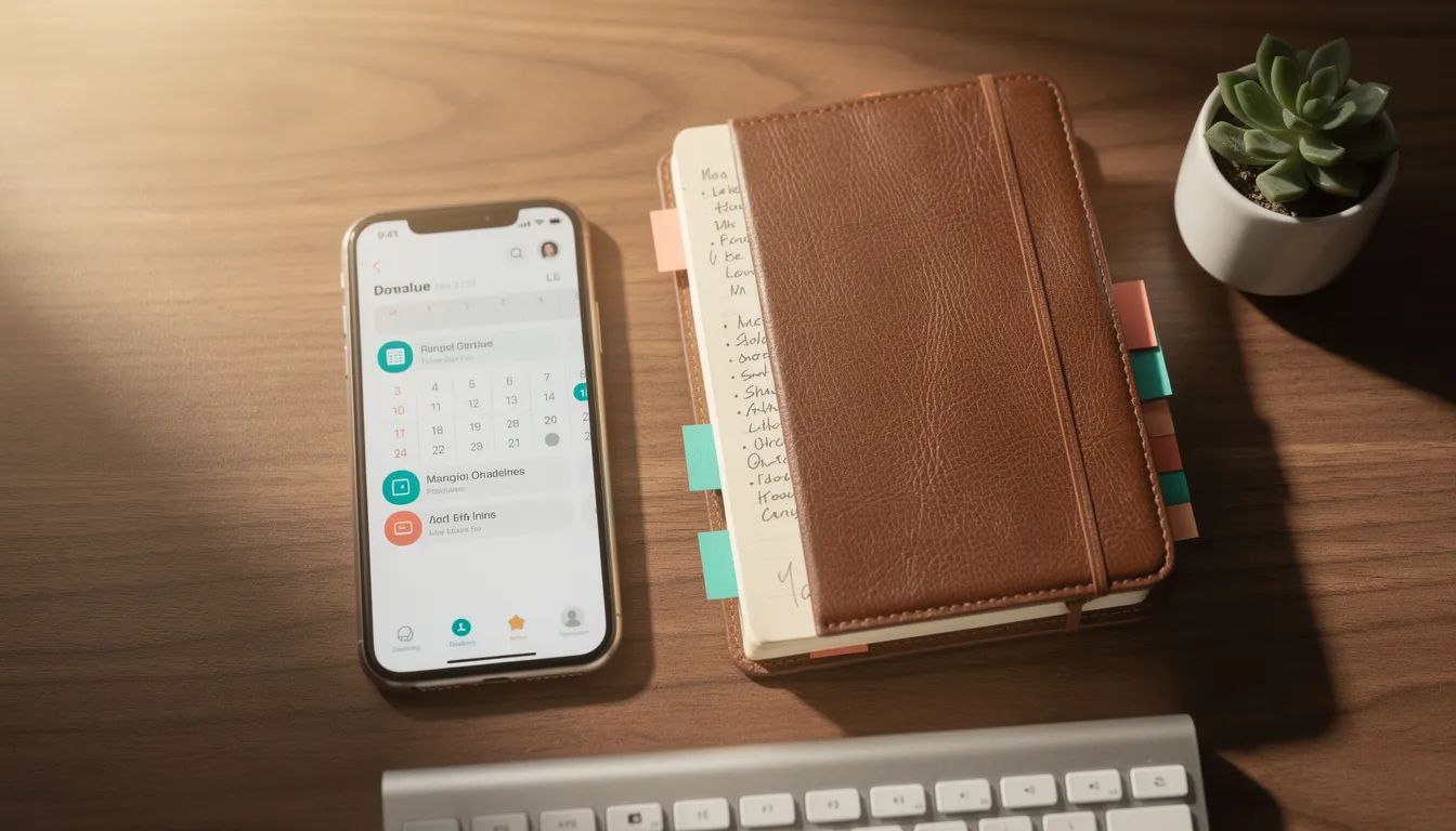 Organized student desk workspace with calendar app and planner tracking scholarship deadlines