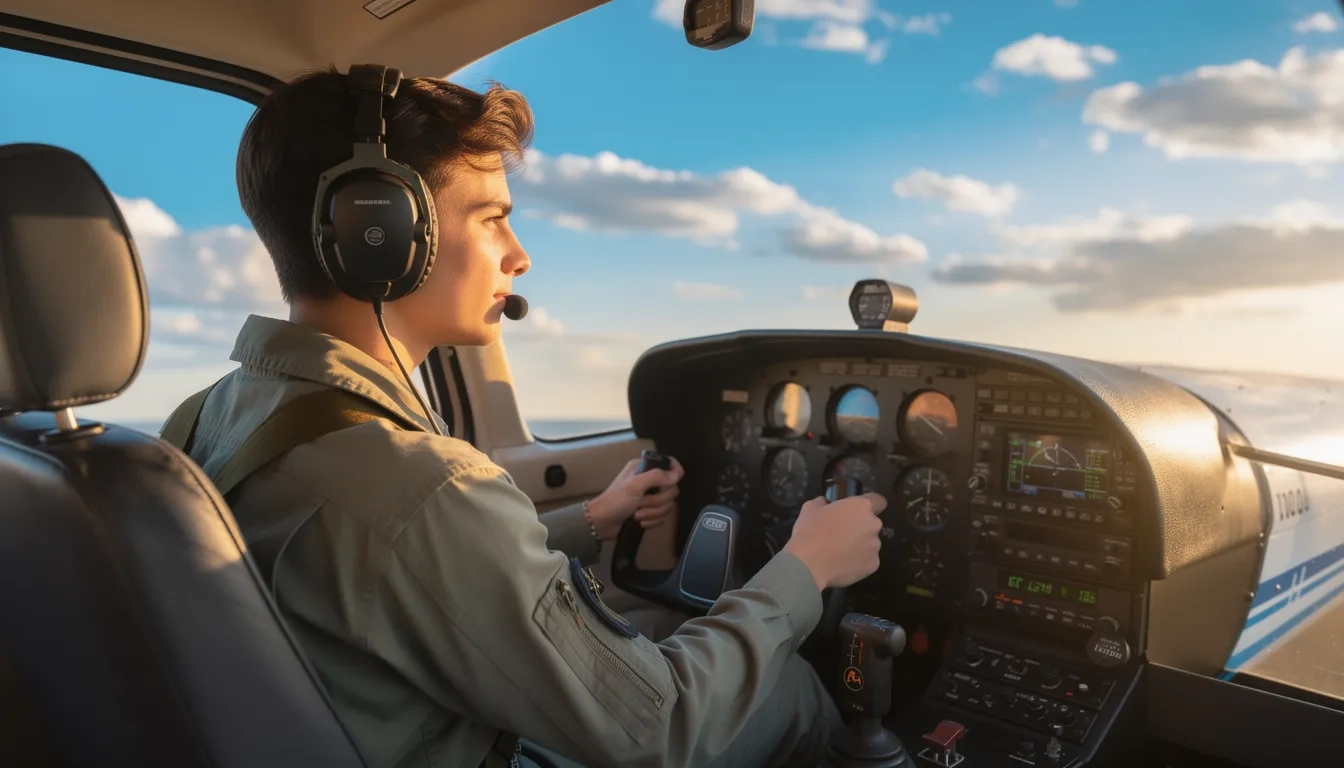 Student pilot in a training aircraft cockpit looking out at a clear blue sky