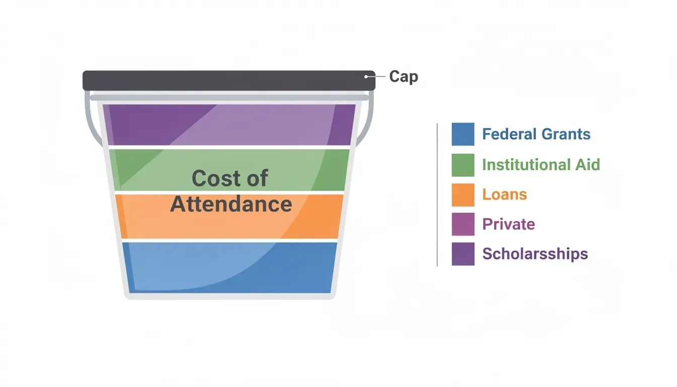 A large container labeled 'Cost of Attendance' filled with stacked colored blocks representing federal grants, institutional aid, loans, and private scholarships, with a hard ceiling line at the top
