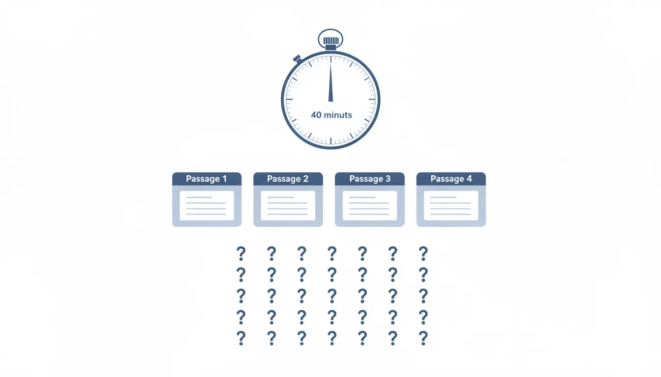 Infographic showing the ACT Reading section format: 40 minutes, 4 passages, 36 questions