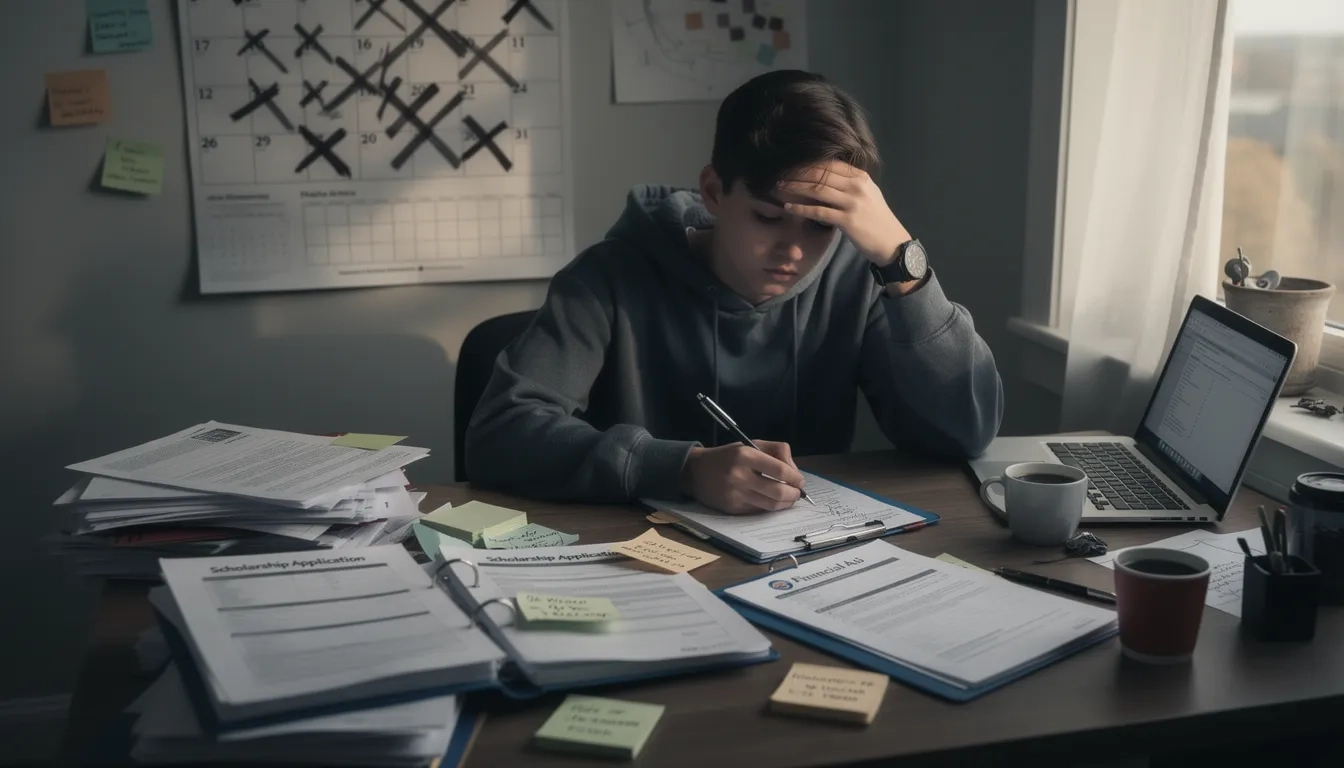 A high school student sitting at a desk looking stressed, surrounded by scholarship application papers and a calendar showing senior year deadlines already passed