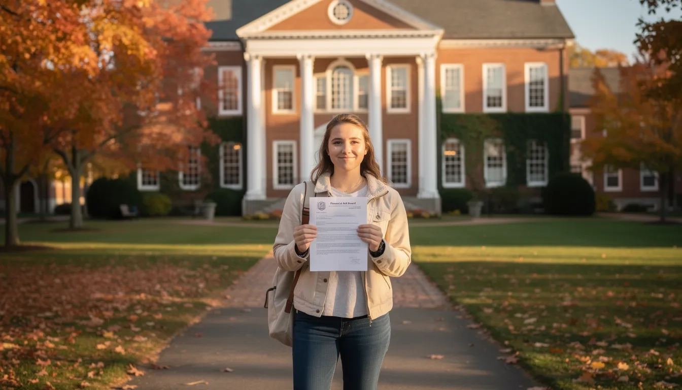 Massachusetts college student reviewing financial aid award letter outside a university building