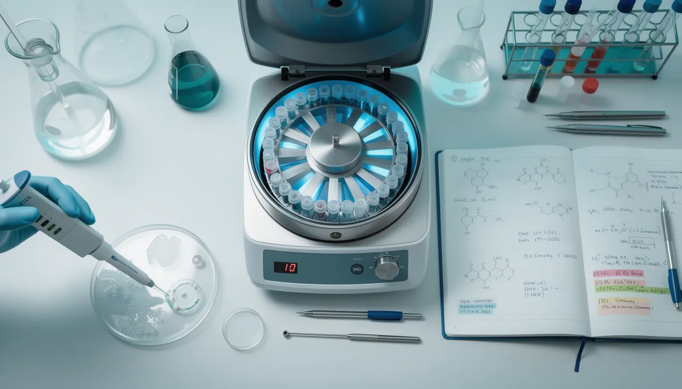 Biomedical research lab with DNA sample tubes and pipette over petri dish