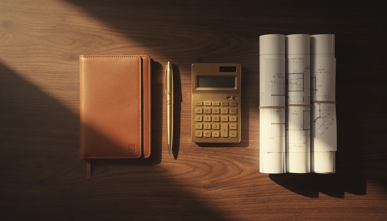 Overhead view of a professional business workspace with financial planning tools and materials on a wooden desk