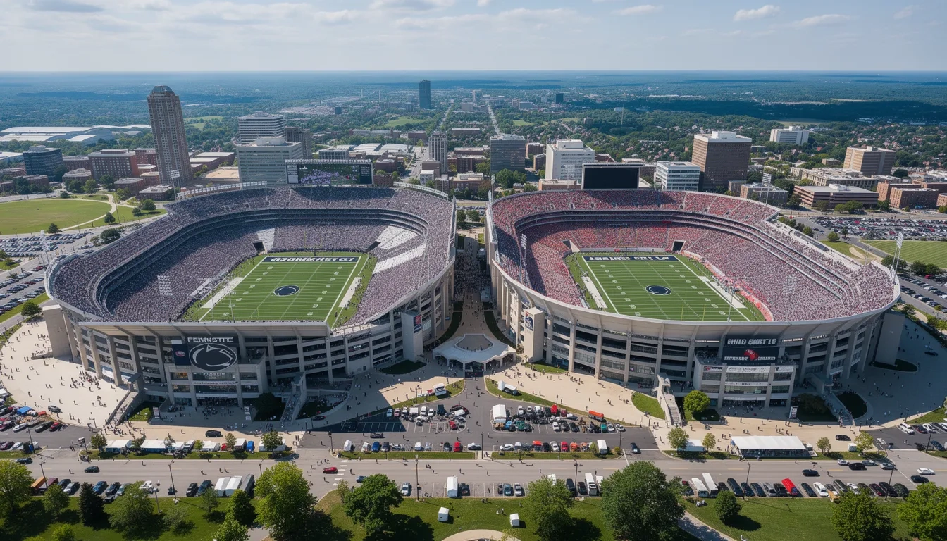 Beaver Stadium at Penn State and Ohio Stadium at Ohio State side by side