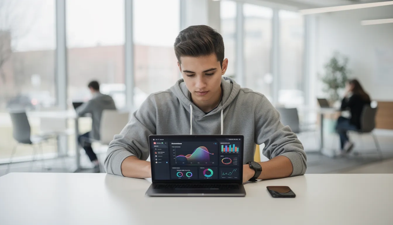 Marketing student analyzing digital campaign data on a laptop