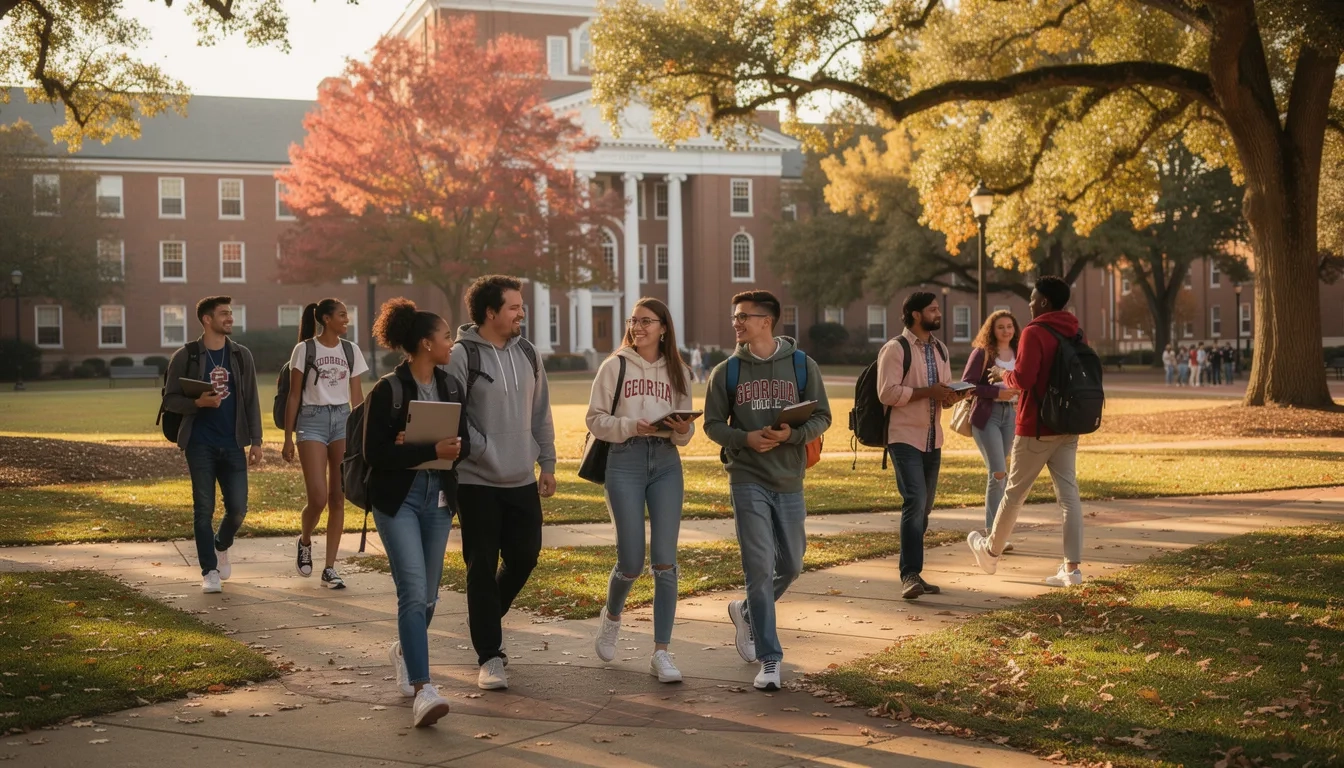 Georgia college students walking across a sunlit campus quad