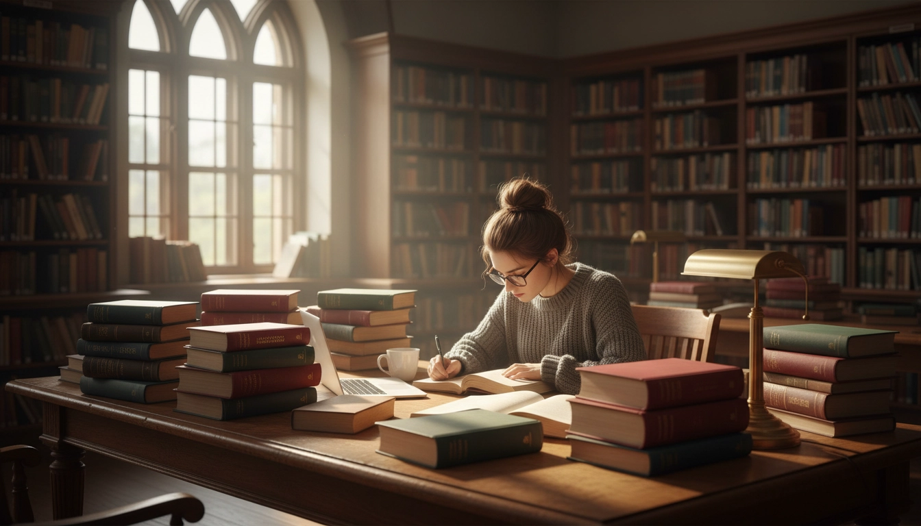 College student studying pre-law subjects in a university library