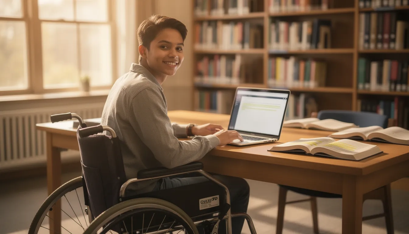 College student in wheelchair studying at a library desk with a laptop