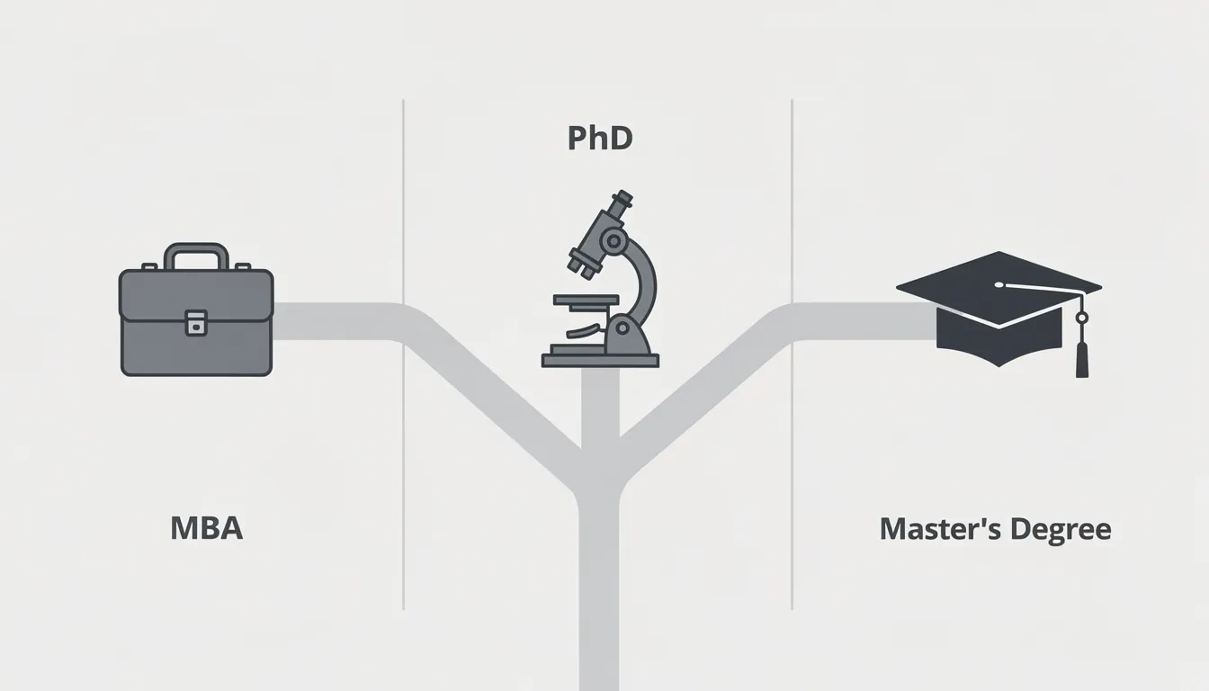 Three graduate program types — MBA, Master's, and PhD — shown as distinct paths with different requirements