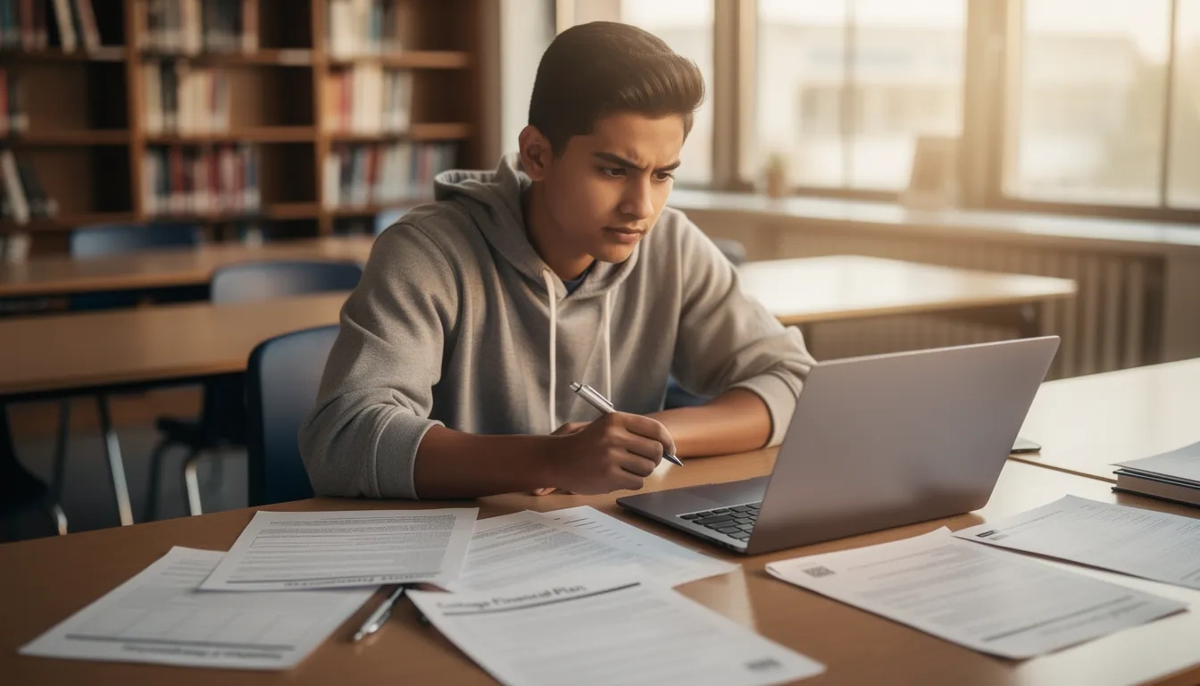 A college student reviewing financial aid documents at a desk