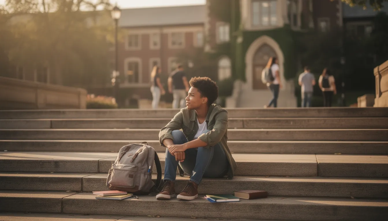 College student sitting on campus steps in thoughtful reflection