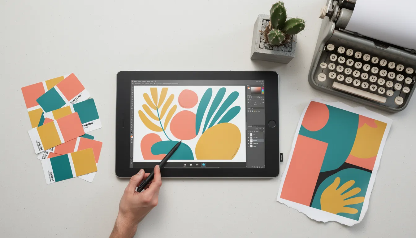 Creative studio desk with graphics tablet, Pantone swatches, and design tools