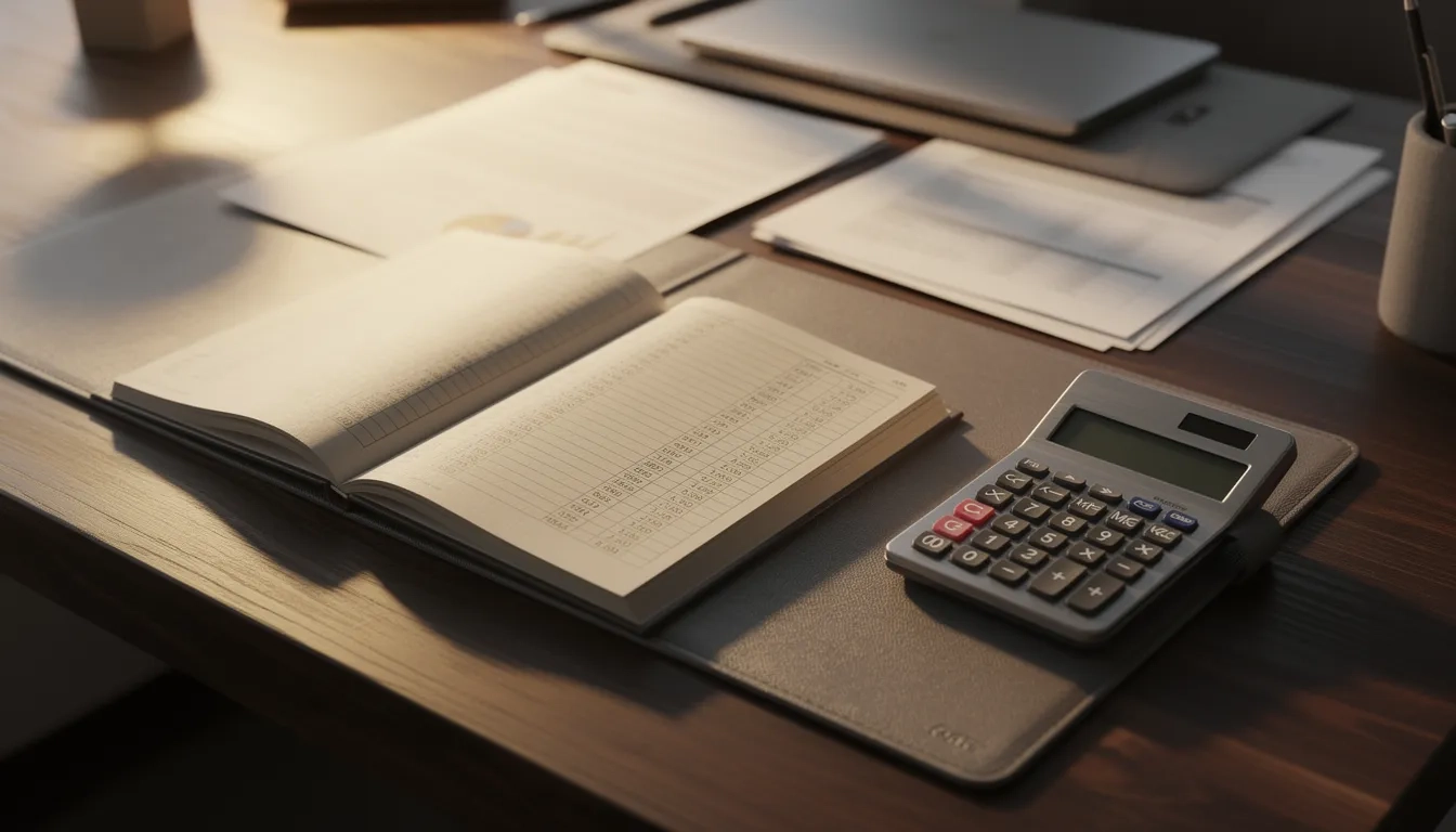 Professional accounting workspace with ledger, calculator, and documents in warm afternoon light
