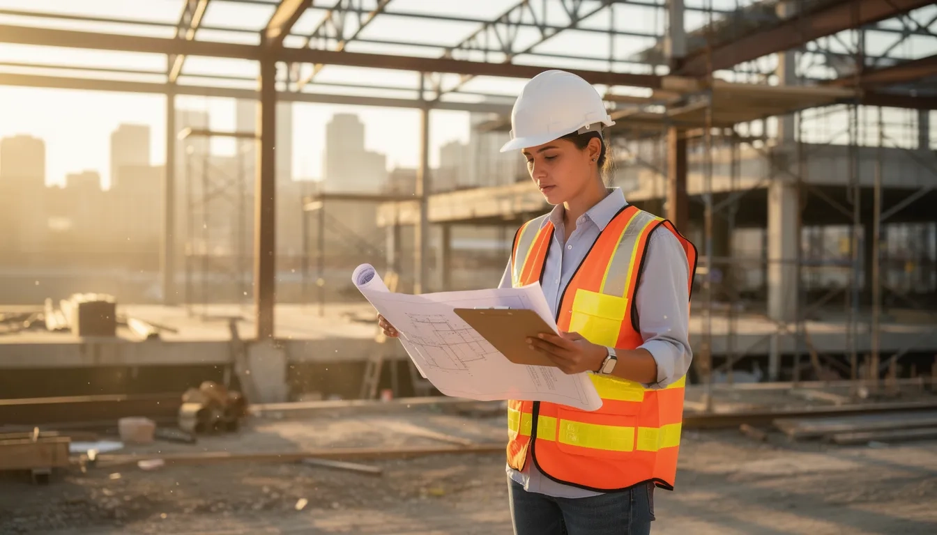 Construction management student reviewing blueprints on a job site