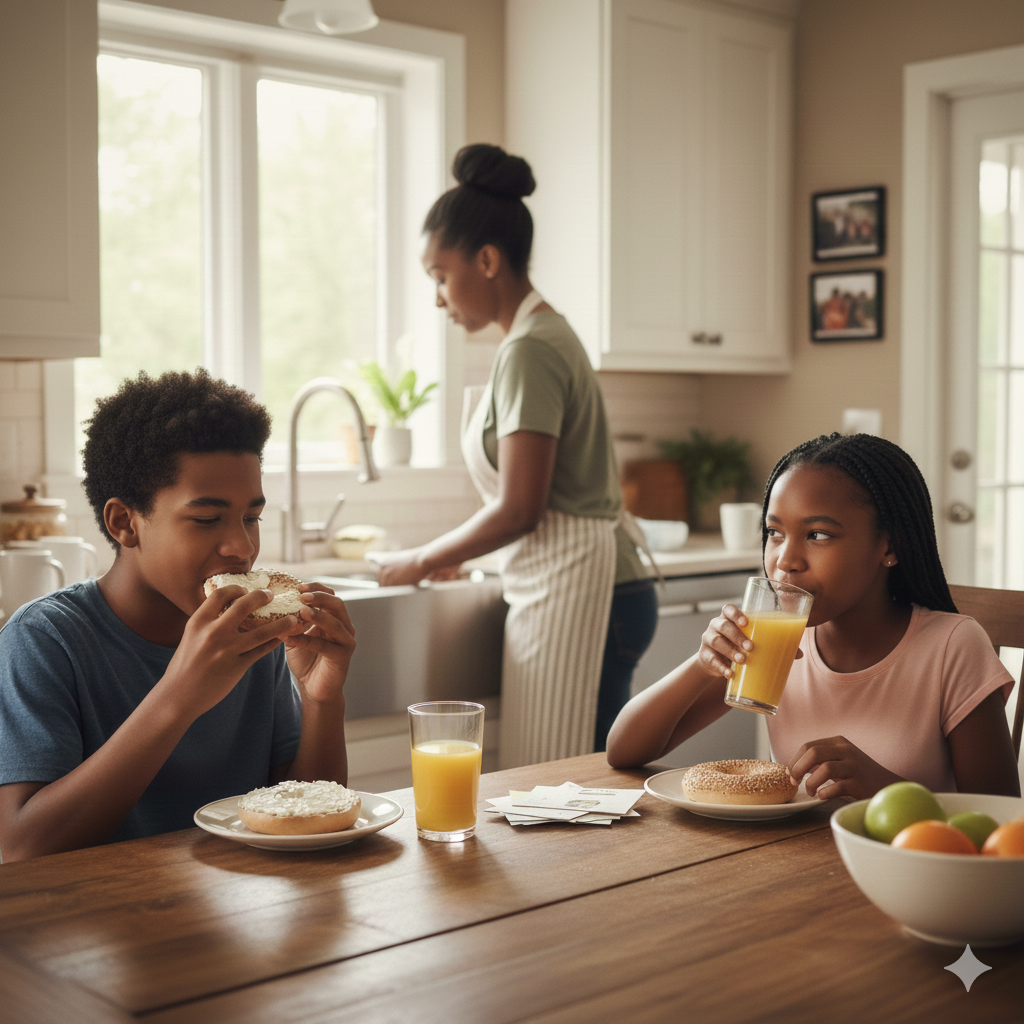 students eating breakfast before school