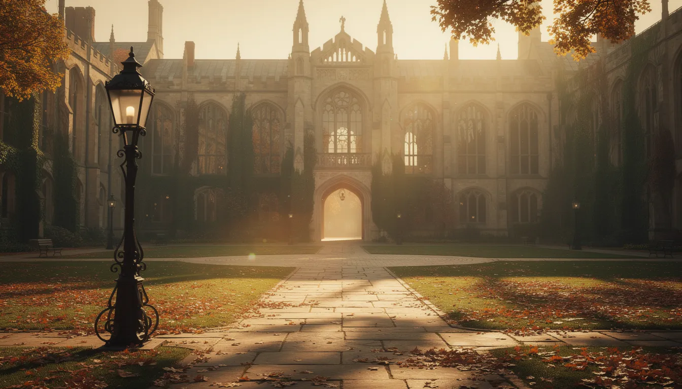 Grand university campus quad with Gothic architecture at golden hour