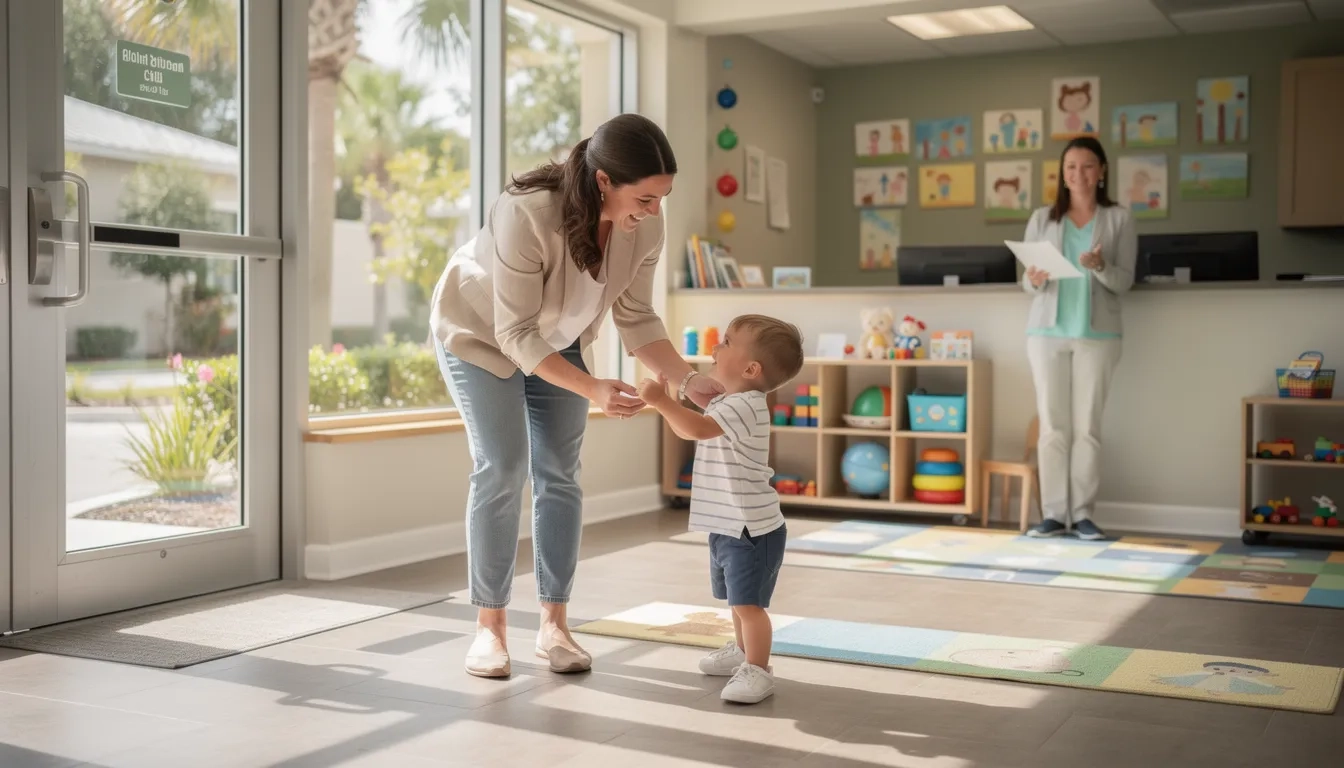 Florida parent and child at a childcare center