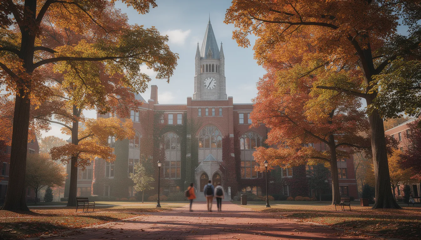 Michigan university campus in autumn with red-brick buildings and fall foliage