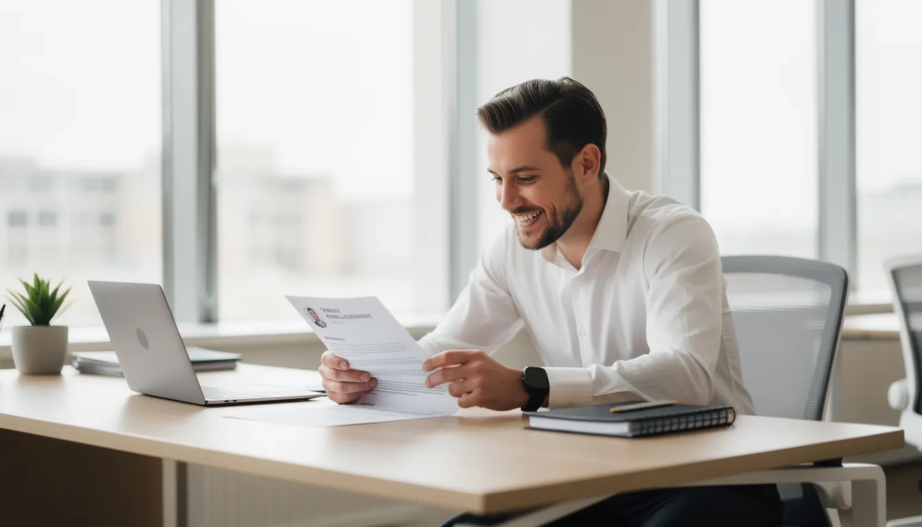 Hiring manager thoughtfully reviewing a candidate's resume