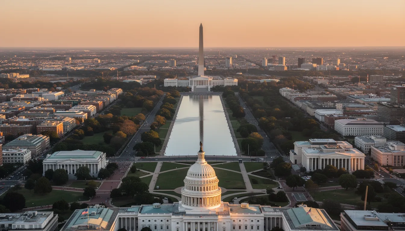 Aerial view of the Washington DC National Mall with Capitol Building and Washington Monument