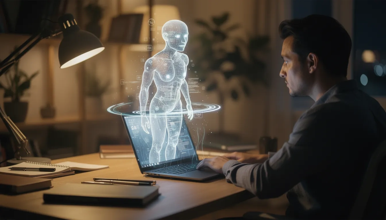 AI tutor hologram projected from laptop helping an adult learner