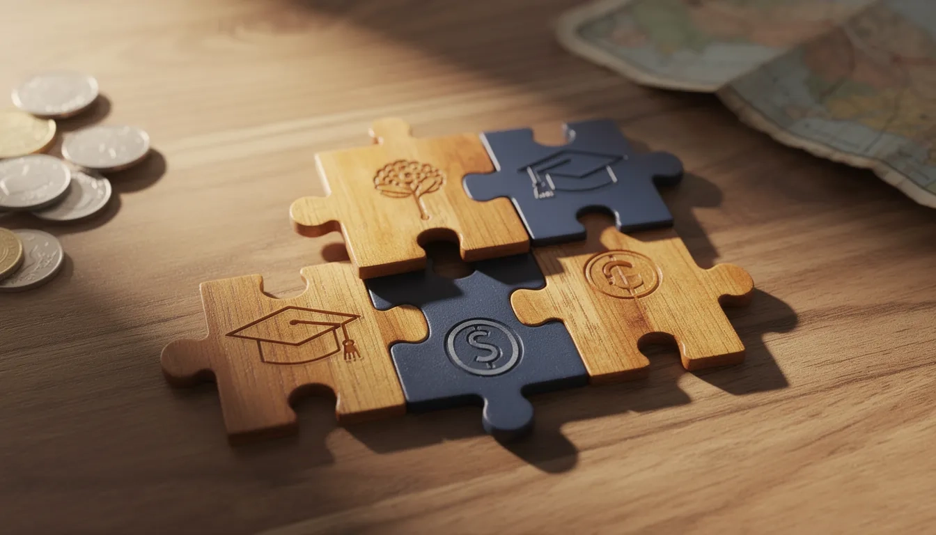 Wooden puzzle pieces fitting together on a desk, symbolizing finding the right scholarship match