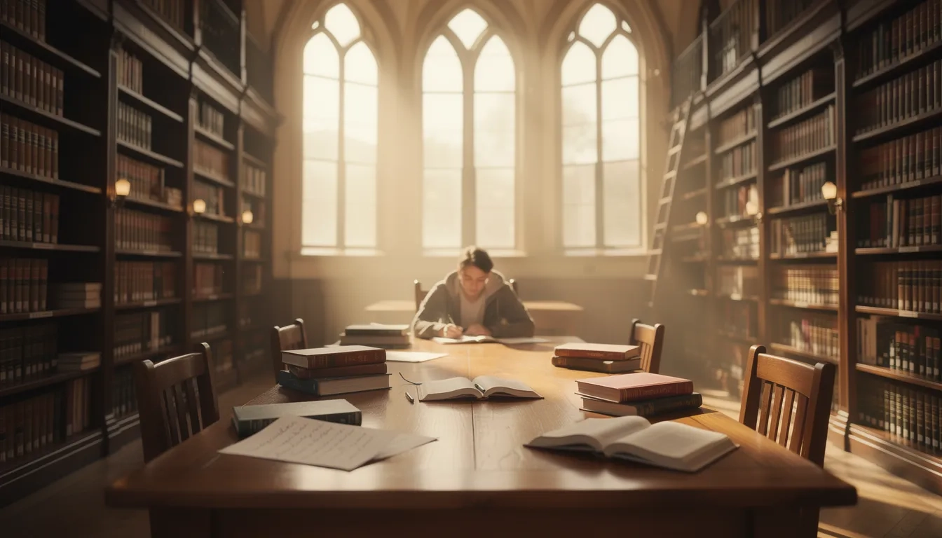 Student studying in a grand university library reading room