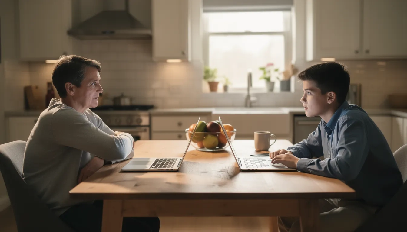 Parent and teen having a respectful conversation about scholarship applications at a kitchen table