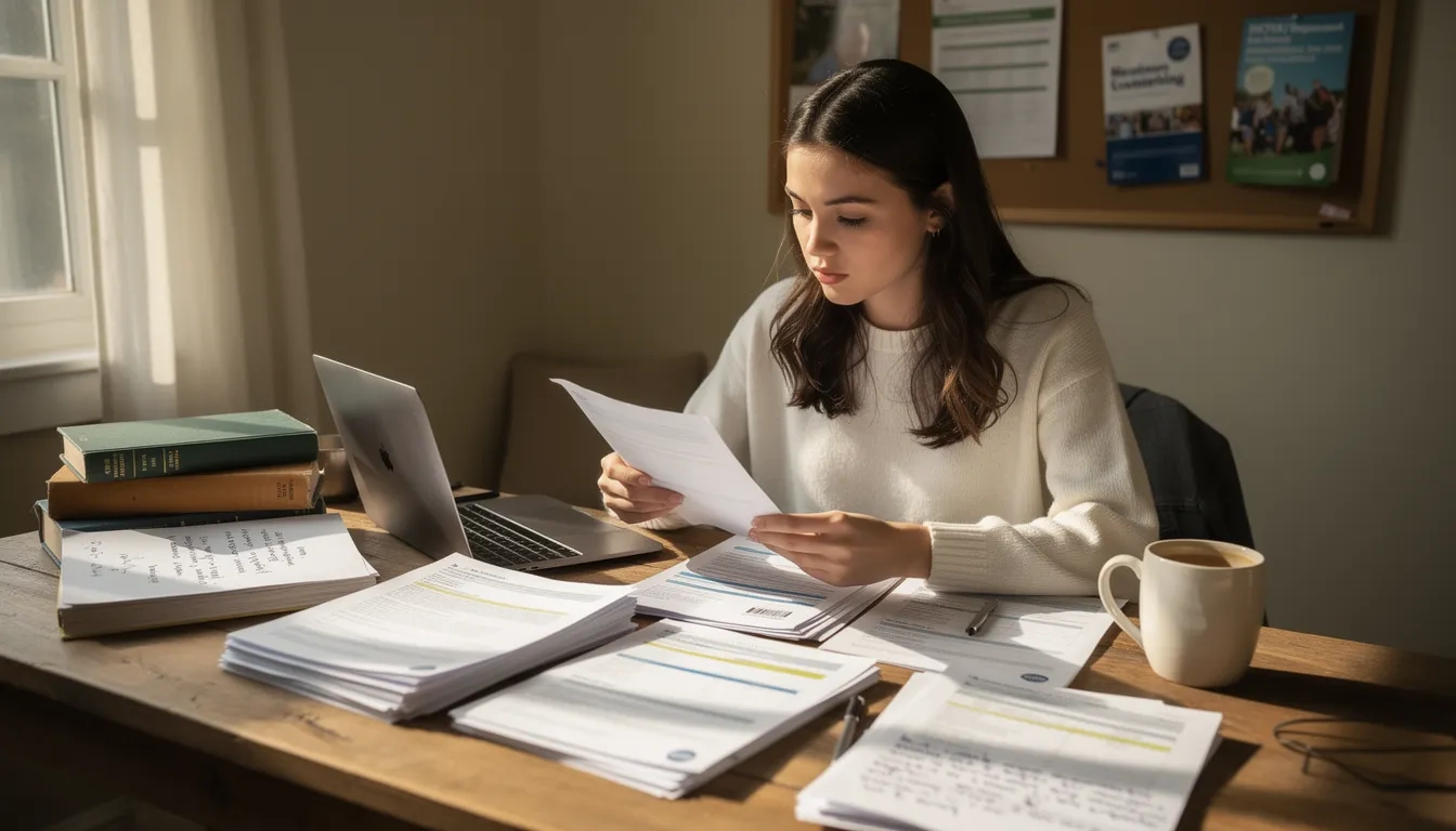 Woman reviewing scholarship applications at a desk