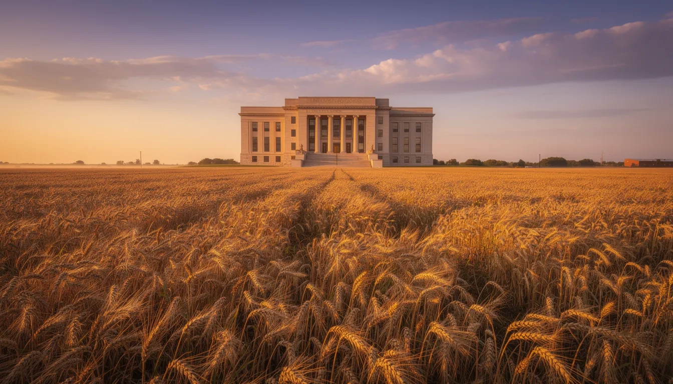 Golden wheat fields leading toward a university building at sunset, symbolizing Nebraska scholarship opportunities