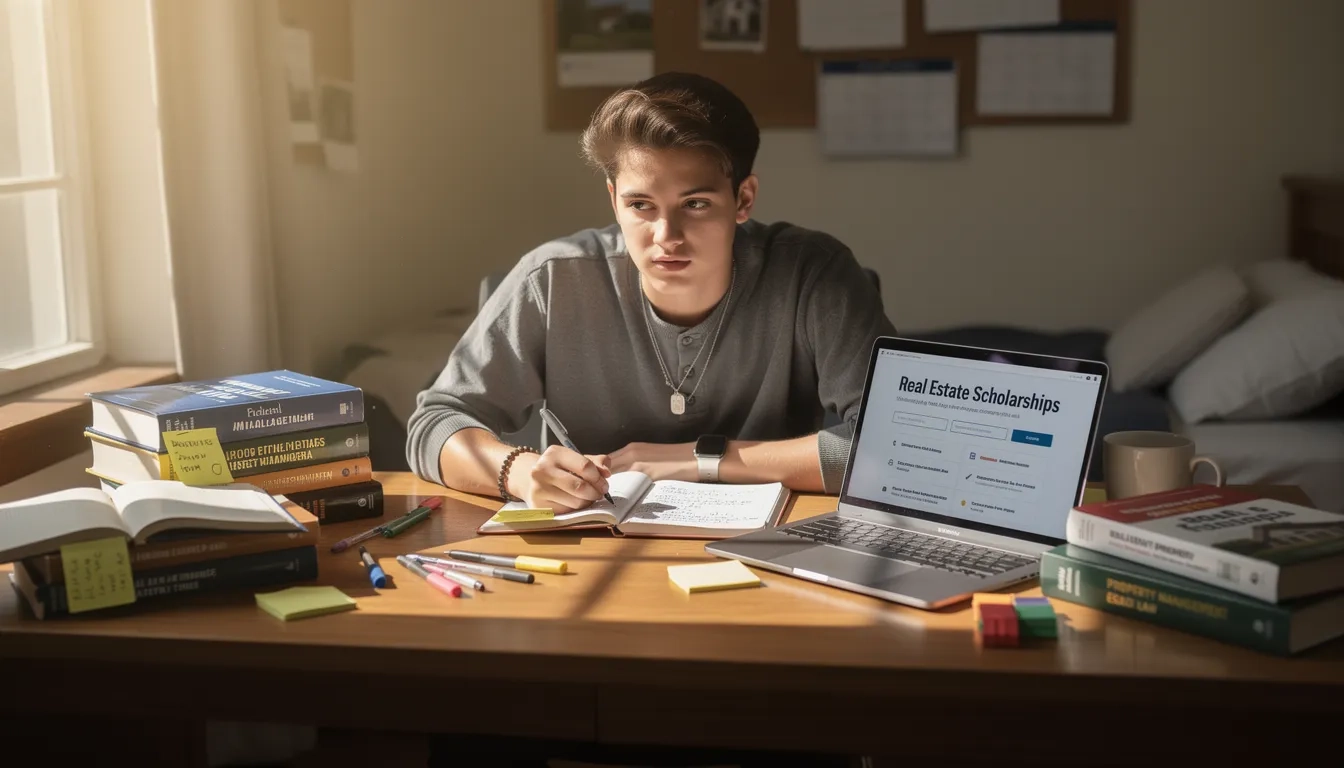 College student researching real estate scholarships on a laptop