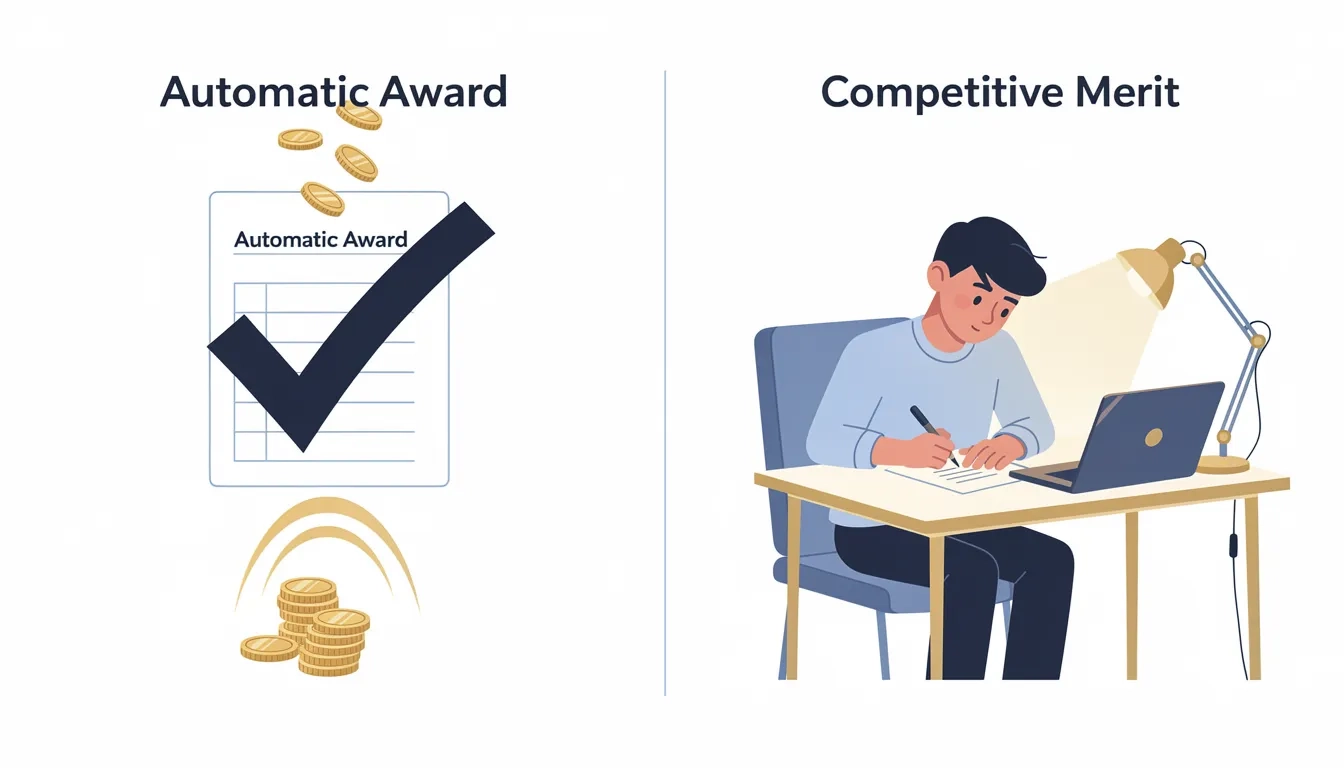 Two types of merit scholarships: automatic threshold-based awards versus competitive essay-based awards