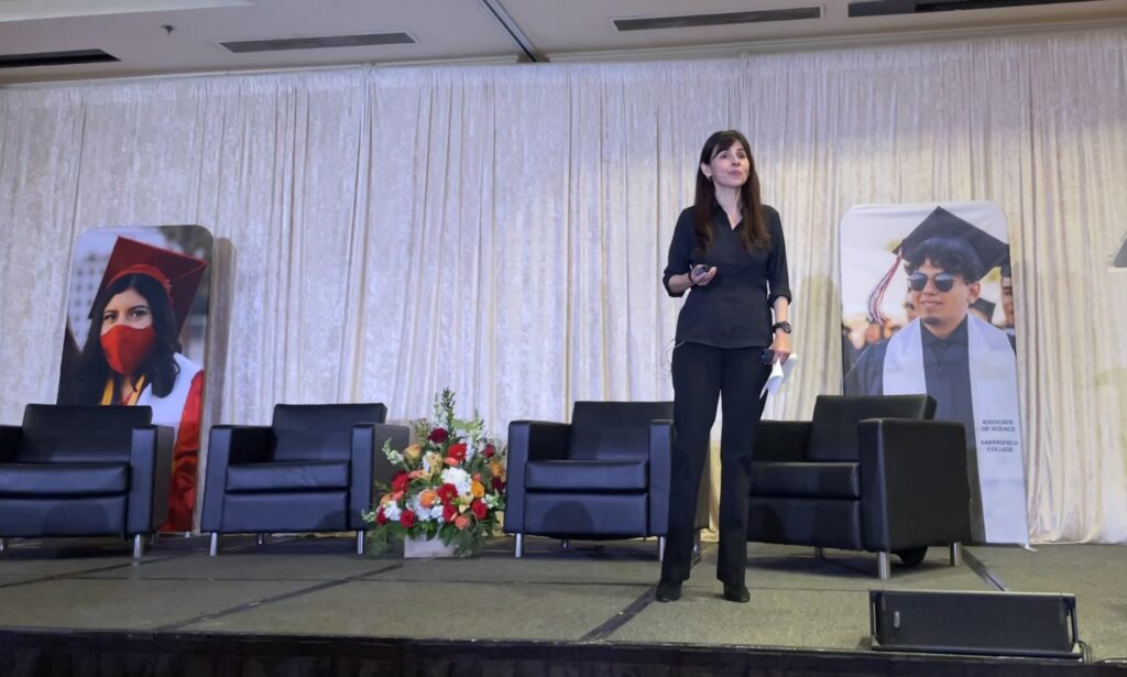 Incoming California Community College Chancellor Sonya Christian speaks at a conference in Bakersfield.